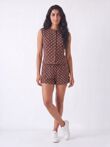 Chocolate Sleeveless Polka Dot Buttoned Top And Shorts Set