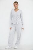 Bleach Grey Soft Ribbed Buttoned Cardigan With Wide Leg Trouser