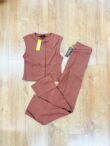 Brown Ribbed Sleeveless Button Up Top With Wide Leg Trouser