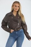 Chocolate Faux Leather Cropped Belted Biker Jacket