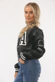 Black Faux Leather Cropped Varsity Bomber Jacket