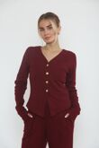 Wine Soft Ribbed Buttoned Cardigan With Wide Leg Trouser