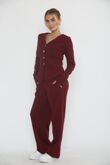 Wine Soft Ribbed Buttoned Cardigan With Wide Leg Trouser