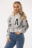 Dove Grey Faux Leather Cropped Varsity Bomber Jacket