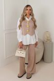 Long Sleeve Shirt With Gold Buttoned Knitted Vest And Trouser