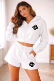 White Cropped Zipped Embroidered Hoodie And Short Co-Ords Set