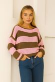 Brown With Pink Long Sleeve Stripe Balloon Jumper