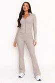 Taupe Active Ribbed Zipped Jacket With Flare Trouser