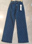 Blue Wide Leg Diamond Pattern Glitter Jeans