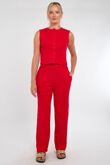 Red Ribbed Sleeveless Button Up Top With Wide Leg Trouser