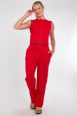 Red Ribbed Sleeveless Button Up Top With Wide Leg Trouser