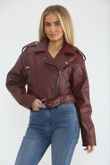 Wine Faux Leather Cropped Belted Biker Jacket