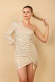 Beige Sequin One Shoulder Long Sleeve Mini Dress