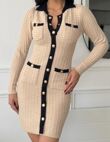 Beige Long Sleeve Knitted Gold Button Front Bodycon Dress