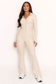 Beige Active Ribbed Zipped Jacket With Flare Trouser