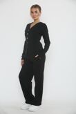 Black Soft Ribbed Buttoned Cardigan With Wide Leg Trouser