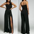 Black Front Slit Wide Leg Jumpsuit With Spaghetti Straps