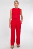 Red Ribbed Sleeveless Button Up Top With Wide Leg Trouser