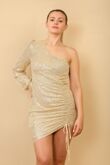 Beige Sequin One Shoulder Long Sleeve Mini Dress