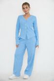 Blue Soft Ribbed Buttoned Cardigan With Wide Leg Trouser