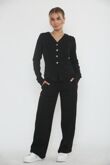 Black Soft Ribbed Buttoned Cardigan With Wide Leg Trouser
