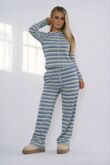 Navy Contrast Stripped Molly Button Top And Wide Leg Trousers