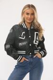 Black Faux Leather Cropped Varsity Bomber Jacket