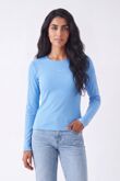 Sky Blue Crew Neck Printed Slim Fit Stretch Ribbed Top