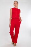 Red Ribbed Sleeveless Button Up Top With Wide Leg Trouser