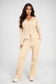 Oatmeal Soft Ribbed Buttoned Cardigan With Wide Leg Trouser