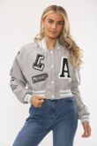 Dove Grey Faux Leather Cropped Varsity Bomber Jacket