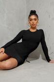 Black Slinky Lace Up Back Long Sleeve Bodycon Dress