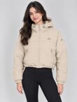 Beige Printed Cropped Utility Bomber Jacket
