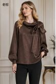 Brown Elegant Bow-Detail Textured Blouse