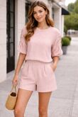Ruched Sleeve Textured Top With Matching Shorts