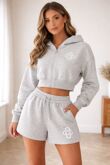 Bleach Grey Cropped Zipped Embroidered Hoodie And Short Co-Ords Set