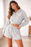 Bleach Grey Cropped Zipped Embroidered Hoodie And Short Co-Ords Set