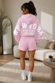 Pink Oversized New York Printed Hoodie With Shorts Set