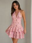 Tiered Ruffle Floral Print Halter Playsuit Dress