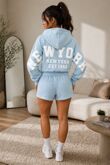 Blue Oversized New York Printed Hoodie With Shorts Set