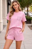 Short Sleeve Pink Glitter Pocket Design T-Shirt And Shorts Set