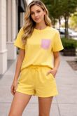 Short Sleeve Pink Glitter Pocket Design T-Shirt And Shorts Set