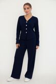 Navy Soft Ribbed Buttoned Cardigan With Wide Leg Trouser