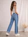 Denim Folded Hem Side Stripe Mom Jeans