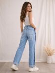 Denim Folded Hem Side Stripe Mom Jeans