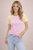 Pink With Yellow Colour Block Raglan Fitted Top