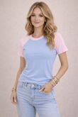 Blue With Pink Colour Block Raglan Fitted Top
