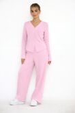 Pink Soft Ribbed Buttoned Cardigan With Wide Leg Trouser