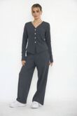 Slate Grey Soft Ribbed Buttoned Cardigan With Wide Leg Trouser