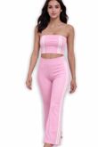 Pink Strapless Cropped Top With Side Striped Flare Trouser